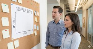 Blank chart showing metrics for success, impact over time. Two concerned employees review blank chart, lacking metrics.