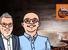 Lean Coffee Talk #6: System Design, Higher Ed Innovation, and Navigating Improvement Quotas 1. Smiling cartoon men in suits with coffee background, discussing Lean Coffee Talk podcast.
