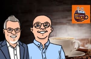 Lean Coffee Talk #6: System Design, Higher Ed Innovation, and Navigating Improvement Quotas 1. Smiling cartoon men in suits with coffee background, discussing Lean Coffee Talk podcast.