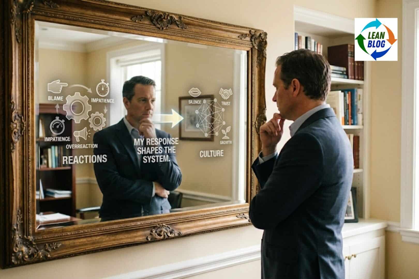 A man reflects on how overreaction impacts organizational culture, with icons illustrating blame, impact, and reactions in a professional setting.