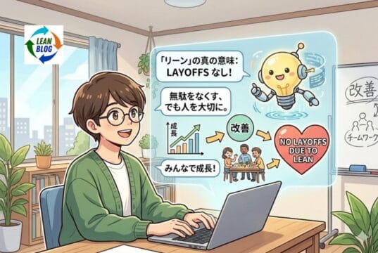 “How Do I Use Lean to Reduce Headcount?” — Why ChatGPT's Answer Should Worry You Japanese-style graphic depicting the human-centric side of Lean production. An AI character explains to a student that true Lean means eliminating waste while protecting jobs ("No Layoffs"), represented by a collaborative team icon and a "Kaizen" whiteboard.