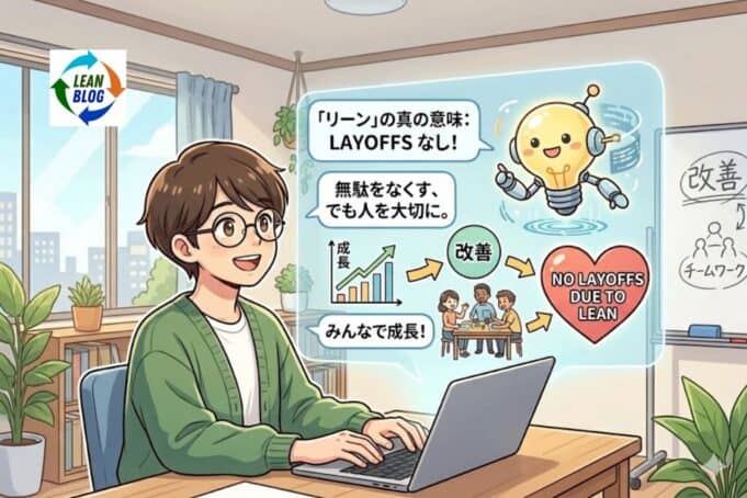 “How Do I Use Lean to Reduce Headcount?” — Why ChatGPT’s Answer Should Worry You Japanese-style graphic depicting the human-centric side of Lean production. An AI character explains to a student that true Lean means eliminating waste while protecting jobs ("No Layoffs"), represented by a collaborative team icon and a "Kaizen" whiteboard.
