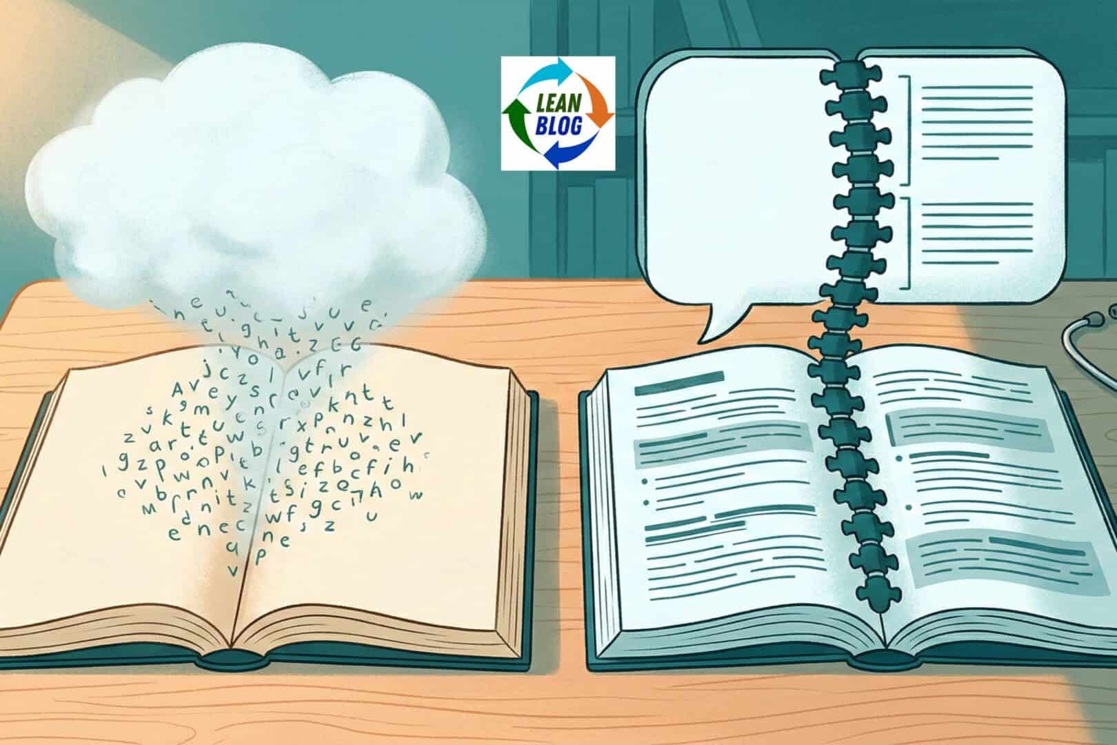 A split illustration of two open books on a wooden desk with a stethoscope. The left book shows a cloud of random floating letters forming a cloud, with diffuse light. The right book shows structured bulleted text flowing through a mechanical spine into an organized outline with a light beam. A bookshelf is in the blurred background. Modern digital style with teal and warm tones.