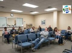 The 8 Wastes of Lean: A Practical Guide (With Healthcare Examples) A busy hospital waiting room with about a dozen patients seated in rows of connected chairs, illustrating the waste of waiting -- one of the eight wastes of Lean.