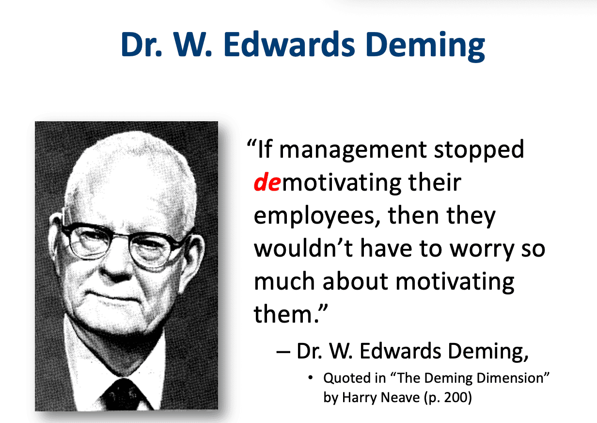 Black-and-white portrait of Dr. W. Edwards Deming alongside a quote that reads: "if management stopped demotivating their employees, then they wouldn't have to worry so much about motivating them."