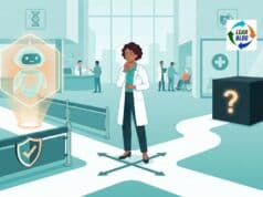 How to Evaluate AI Tools for Healthcare Improvement: A Lean Thinker’s Checklist Healthcare leader evaluating AI tools at a crossroads between a transparent AI with guardrails and a generic black box AI, hospital setting