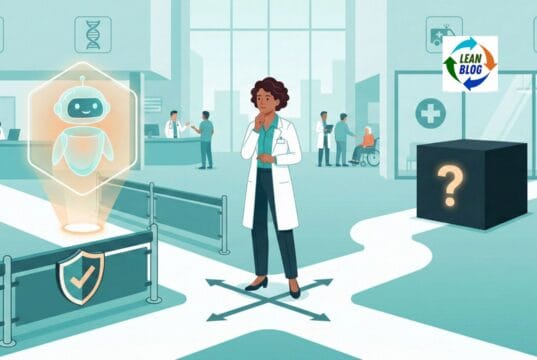 How to Evaluate AI Tools for Healthcare Improvement: A Lean Thinker's Checklist Healthcare leader evaluating AI tools at a crossroads between a transparent AI with guardrails and a generic black box AI, hospital setting