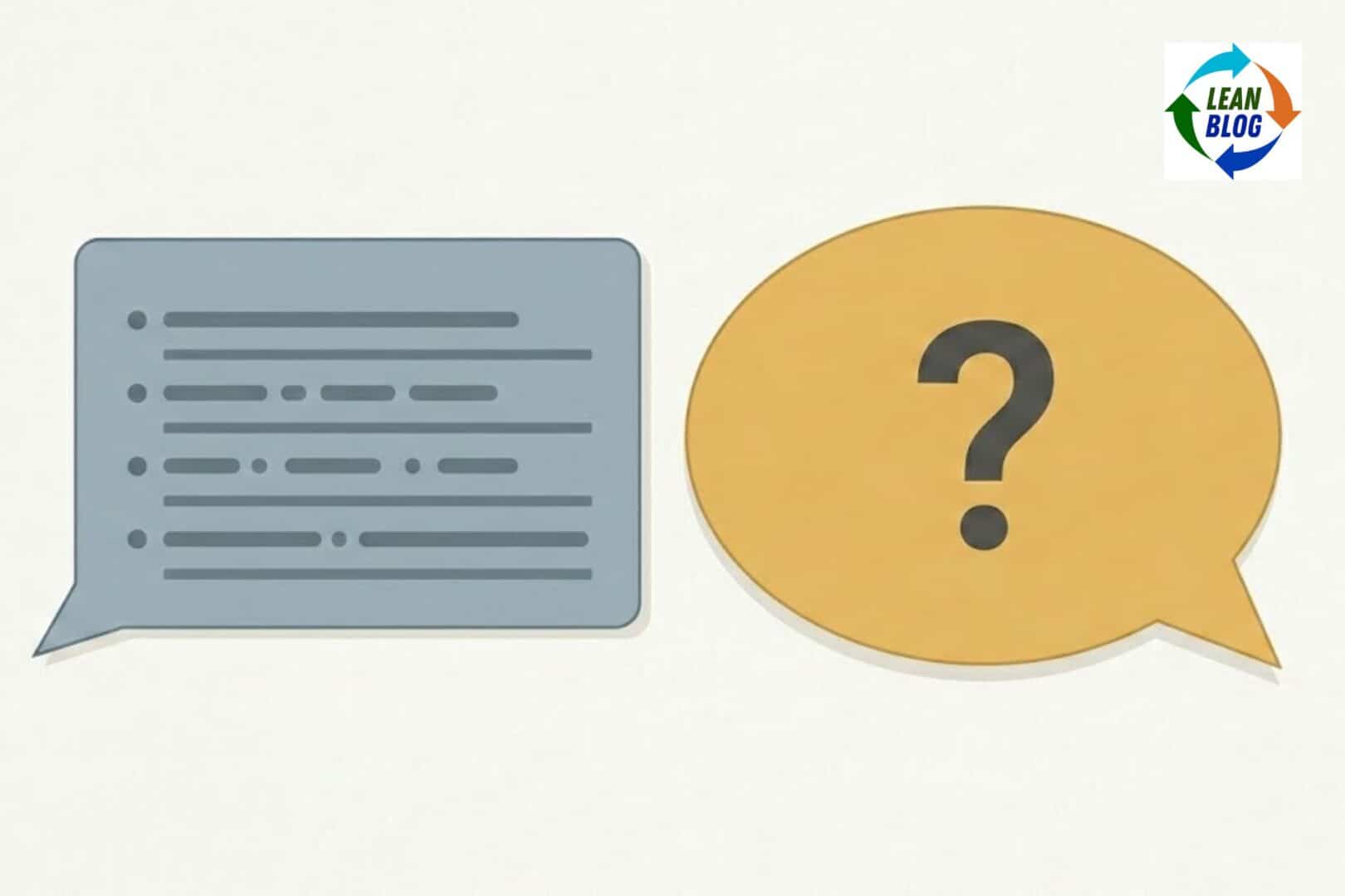 Two speech bubbles side by side: one contains a bulleted list, the other contains a question mark.