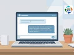 Watch the Lean Hospitals Coach in Action — Live, Unscripted, With Your Questions Illustration of a laptop on a desk showing an AI coaching chat interface with a question from the user and a follow-up coaching response ending with a reflective question, representing the Lean Hospitals Coach tool