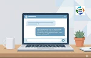 Watch the Lean Hospitals Coach in Action — Live, Unscripted, With Your Questions Illustration of a laptop on a desk showing an AI coaching chat interface with a question from the user and a follow-up coaching response ending with a reflective question, representing the Lean Hospitals Coach tool