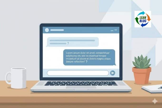 Watch the Lean Hospitals Coach in Action — Live, Unscripted, With Your Questions Illustration of a laptop on a desk showing an AI coaching chat interface with a question from the user and a follow-up coaching response ending with a reflective question, representing the Lean Hospitals Coach tool