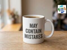 The One Thing ChatGPT Does That Most Leaders Won’t Coffee mug with disclaimer text May contain mistakes as a metaphor for leaders admitting fallibility
