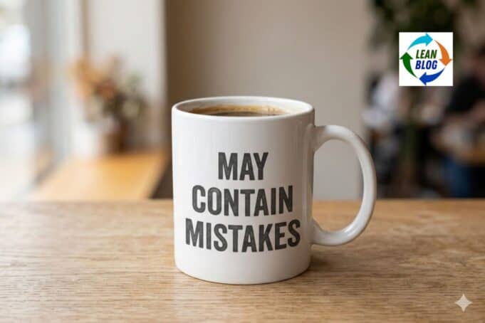 The One Thing ChatGPT Does That Most Leaders Won’t Coffee mug with disclaimer text May contain mistakes as a metaphor for leaders admitting fallibility