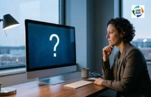 My AI Coach Told Me My Coaching Was Wrong. It Was Right. Hospital leader reflecting on a coaching question displayed on screen in a quiet office