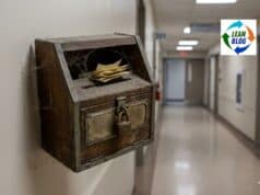 Kaizen: The Improvement System Most Organizations Talk About but Struggle to Practice A dusty, padlocked suggestion box mounted on a clean hospital hallway wall, cobwebs forming around the edges, a few paper slips visible through the slot -- untouched and forgotten.
