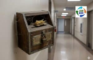 Kaizen: The Improvement System Most Organizations Talk About but Struggle to Practice A dusty, padlocked suggestion box mounted on a clean hospital hallway wall, cobwebs forming around the edges, a few paper slips visible through the slot -- untouched and forgotten.