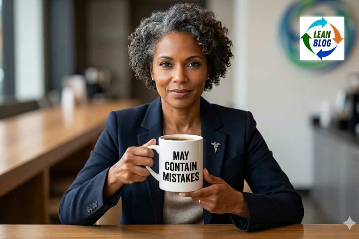 A healthcare leader holding a coffee mug that reads "May Contain Mistakes," symbolizing the value of admitting fallibility in leadership