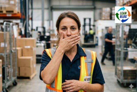 Problem-Seeing Eyes Are Everywhere. Problem-Speaking Mouths Are Rare. Worker covering their mouth in a workplace setting, representing the gap between seeing problems and speaking up about them