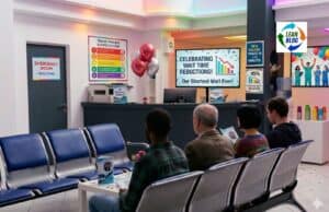 The ER Wait Time Metric That Can Hide Deteriorating Patient Experience A bright hospital emergency room waiting area where the space is decorated with red and silver balloons and colorful lighting. Four patients are seated in blue chairs, with one reading a pamphlet. A large TV screen behind the reception counter reads "CELEBRATING WAIT TIME REDUCTIONS! Our Shortest Wait Ever!" accompanied by a bar graph and colorful confetti. Various posters on the walls list the "TRIAGE PROCESS & EXPECTATIONS" and celebrate achievements like "NEW RECORD: TRIAGE IN < 10 MINUTES" and "45% AVERAGE WAIT REDUCTION."