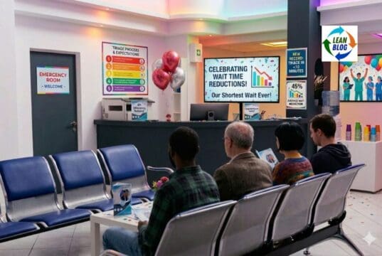 The ER Wait Time Metric That Can Hide Deteriorating Patient Experience A bright hospital emergency room waiting area where the space is decorated with red and silver balloons and colorful lighting. Four patients are seated in blue chairs, with one reading a pamphlet. A large TV screen behind the reception counter reads "CELEBRATING WAIT TIME REDUCTIONS! Our Shortest Wait Ever!" accompanied by a bar graph and colorful confetti. Various posters on the walls list the "TRIAGE PROCESS & EXPECTATIONS" and celebrate achievements like "NEW RECORD: TRIAGE IN < 10 MINUTES" and "45% AVERAGE WAIT REDUCTION."