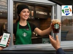 The Starbucks Mobile Order Timing Problem That Chick-fil-A Already Solved A photograph taken from inside a car at a Starbucks drive-thru window, where a smiling barista named Sarah, wearing a black beanie and green apron, hands an iced cold brew drink in a branded cup to a customer. On the left, a customer holds a smartphone displaying a 'PAYMENT CONFIRMED' screen within the Starbucks app. On the right, another customer's hand reaches for the drink. The drive-thru interior background shows a detailed digital menu board, brick walls, and a 'MOBILE ORDER & PAY PICKUP' sign.