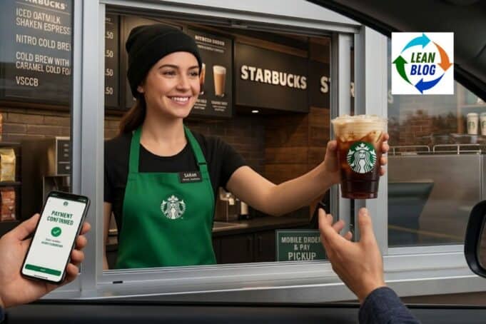 The Starbucks Mobile Order Timing Problem That Chick-fil-A Already Solved A photograph taken from inside a car at a Starbucks drive-thru window, where a smiling barista named Sarah, wearing a black beanie and green apron, hands an iced cold brew drink in a branded cup to a customer. On the left, a customer holds a smartphone displaying a 'PAYMENT CONFIRMED' screen within the Starbucks app. On the right, another customer's hand reaches for the drink. The drive-thru interior background shows a detailed digital menu board, brick walls, and a 'MOBILE ORDER & PAY PICKUP' sign.