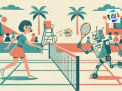 9 Ways to Use the AI Lean Coach That You Probably Haven't Tried Mid-century modern illustration of a person and a robot playing tennis, volleying a ball labeled 'Why?' -- representing the 5 Whys Tennis coaching exercise