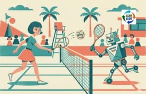 9 Ways to Use the AI Lean Coach That You Probably Haven’t Tried Mid-century modern illustration of a person and a robot playing tennis, volleying a ball labeled 'Why?' -- representing the 5 Whys Tennis coaching exercise