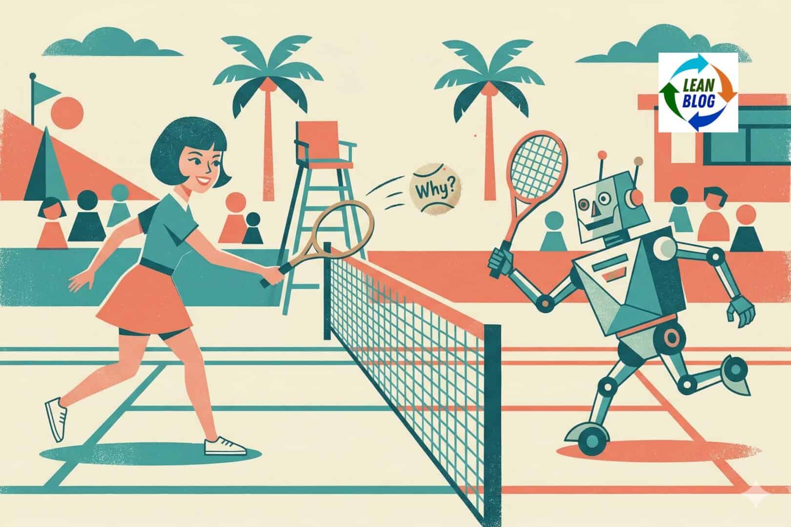Mid-century modern illustration of a person and a robot playing tennis, volleying a ball labeled 'Why?' -- representing the 5 Whys Tennis coaching exercise