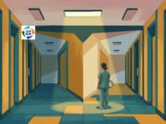 A Coach for the Coach: Why the Lone Wolf Lean Practitioner Needs a Thinking Partner Cartoon illustration of a lone Lean practitioner standing in a long empty hospital hallway at night, lit by a single overhead light, inspired by the quiet isolation of Edward Hopper paintings.