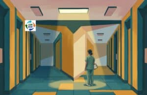 A Coach for the Coach: Why the Lone Wolf Lean Practitioner Needs a Thinking Partner Cartoon illustration of a lone Lean practitioner standing in a long empty hospital hallway at night, lit by a single overhead light, inspired by the quiet isolation of Edward Hopper paintings.