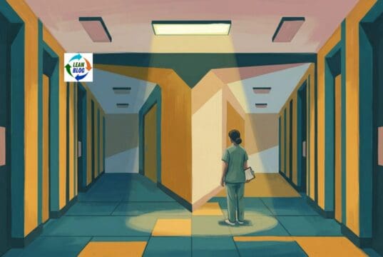 A Coach for the Coach: Why the Lone Wolf Lean Practitioner Needs a Thinking Partner Cartoon illustration of a lone Lean practitioner standing in a long empty hospital hallway at night, lit by a single overhead light, inspired by the quiet isolation of Edward Hopper paintings.