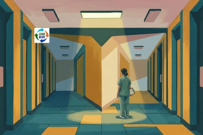 A Coach for the Coach: Why the Lone Wolf Lean Practitioner Needs a Thinking Partner Cartoon illustration of a lone Lean practitioner standing in a long empty hospital hallway at night, lit by a single overhead light, inspired by the quiet isolation of Edward Hopper paintings.