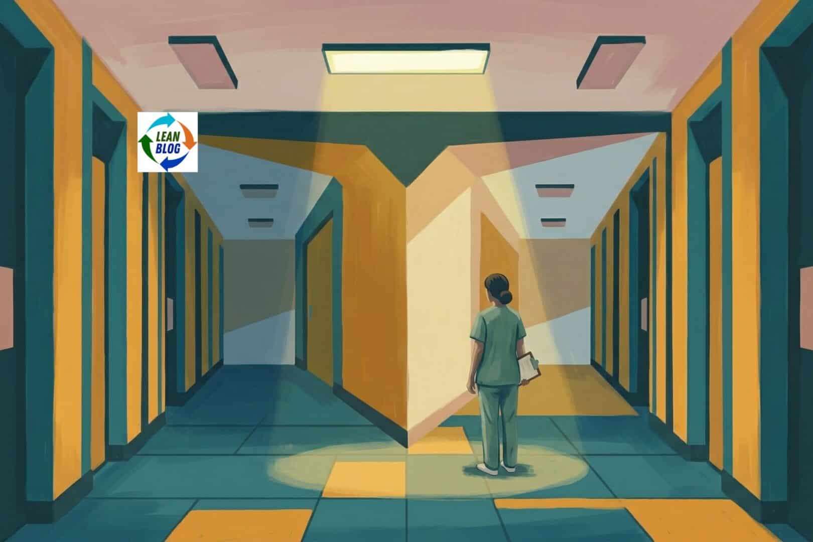 Cartoon illustration of a lone Lean practitioner standing in a long empty hospital hallway at night, lit by a single overhead light, inspired by the quiet isolation of Edward Hopper paintings.