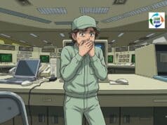 The “Safety Myth” That Almost Destroyed Half of Japan — And What It Has to Do With Your Organization An anime-style illustration shows a young man with brown hair and a light green uniform coverall and cap, standing behind a complex control panel in a large, dimly lit room. He has a shocked and fearful expression, with his hands clasped over his mouth, staring out with wide eyes. Numerous computer screens, some displaying green vector-style diagrams and text, are visible in the background along with a few desktop and laptop computers and various buttons and switches. A logo with the text "LEAN BLOG" inside a curved arrow graphic is in the top right corner. The perspective is from the other side of the main control desk.