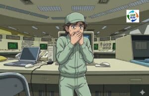 The “Safety Myth” That Almost Destroyed Half of Japan — And What It Has to Do With Your Organization An anime-style illustration shows a young man with brown hair and a light green uniform coverall and cap, standing behind a complex control panel in a large, dimly lit room. He has a shocked and fearful expression, with his hands clasped over his mouth, staring out with wide eyes. Numerous computer screens, some displaying green vector-style diagrams and text, are visible in the background along with a few desktop and laptop computers and various buttons and switches. A logo with the text "LEAN BLOG" inside a curved arrow graphic is in the top right corner. The perspective is from the other side of the main control desk.