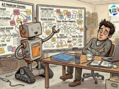 “Help Me” Doesn't Mean “Do It for Me” — What ChatGPT Gets Wrong About Coaching Robot lectures at overflowing whiteboard while a bored human sits with crossed arms and cold coffee, unnoticed.