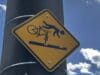 Warning: Signs! Mistake-Proofing Is More Effective Than Warnings Yellow diamond warning sign on a pole showing a cyclist flying over handlebars after hitting streetcar tracks, along the Ohio River in Cincinnati