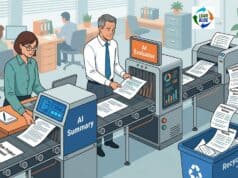 Don’t Use AI to Automate a Bad Process — Including Performance Reviews Illustration of a corporate conveyor belt where an employee feeds a document into an AI Summary machine, a manager feeds the output into an AI Evaluator machine, and the final performance review drops into a recycling bin.