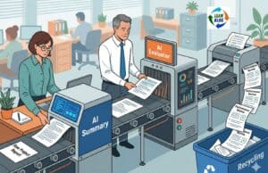 Don’t Use AI to Automate a Bad Process — Including Performance Reviews Illustration of a corporate conveyor belt where an employee feeds a document into an AI Summary machine, a manager feeds the output into an AI Evaluator machine, and the final performance review drops into a recycling bin.