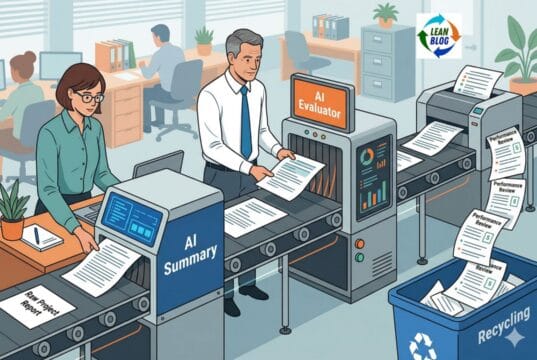 Don't Use AI to Automate a Bad Process — Including Performance Reviews Illustration of a corporate conveyor belt where an employee feeds a document into an AI Summary machine, a manager feeds the output into an AI Evaluator machine, and the final performance review drops into a recycling bin.