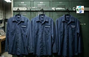 Ford Pays Process Coaches Six Figures. They Quit Within Eighteen Months. A close-up of a metal name badge or nameplate on a dark blue work shirt. The badge reads "PROCESS COACH" in crisp embossed letters. The shirt and badge look new. Behind the figure, slightly out of focus, is an industrial factory environment with fluorescent overhead lighting and assembly line equipment. The composition emphasizes the contrast between the pristine, almost promotional quality of the title on the badge and the harsh, utilitarian reality of the environment. Photorealistic, documentary style, muted industrial color palette with deep blues and steel grays. The mood is quietly ironic - the title and the setting don't match.