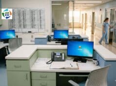 The Most Expensive Person on Your Unit Is the One You Just Eliminated Empty nursing station at a hospital during shift change, with a nurse visible down the hallway attending to a patient room, showing the gap between where leadership should be and where clinical demands pull the charge nurse.