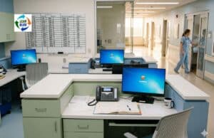 The Most Expensive Person on Your Unit Is the One You Just Eliminated Empty nursing station at a hospital during shift change, with a nurse visible down the hallway attending to a patient room, showing the gap between where leadership should be and where clinical demands pull the charge nurse.
