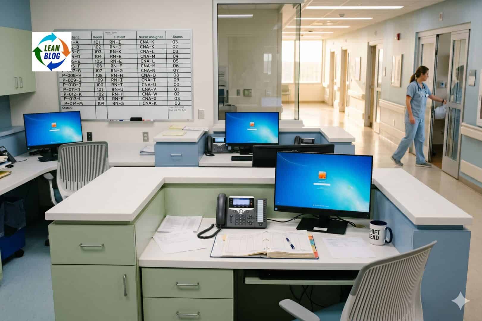 Empty nursing station at a hospital during shift change, with a nurse visible down the hallway attending to a patient room, showing the gap between where leadership should be and where clinical demands pull the charge nurse.