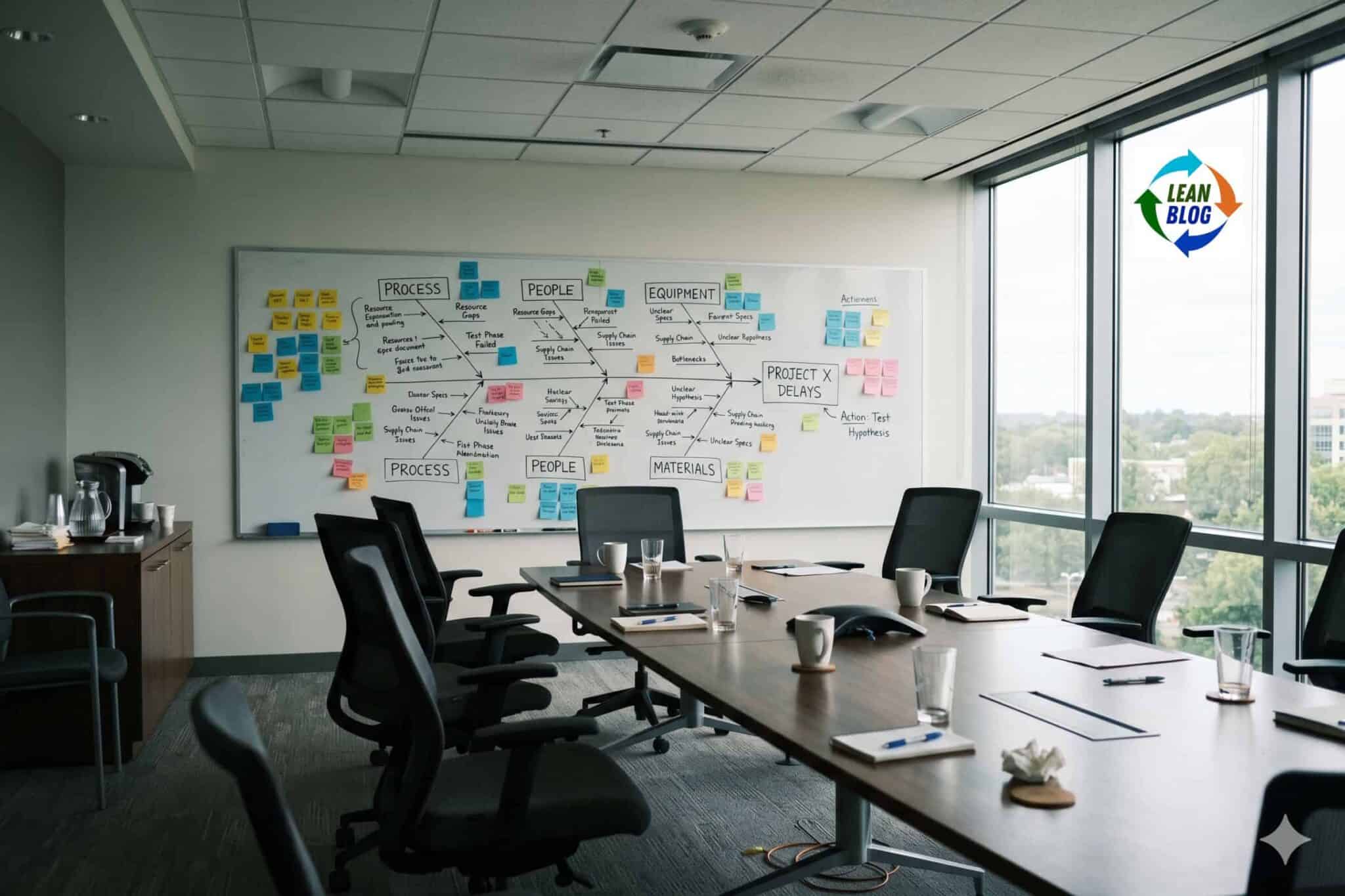 Empty conference room with whiteboard covered in a fishbone diagram and sticky notes, chairs pushed back after a meeting
