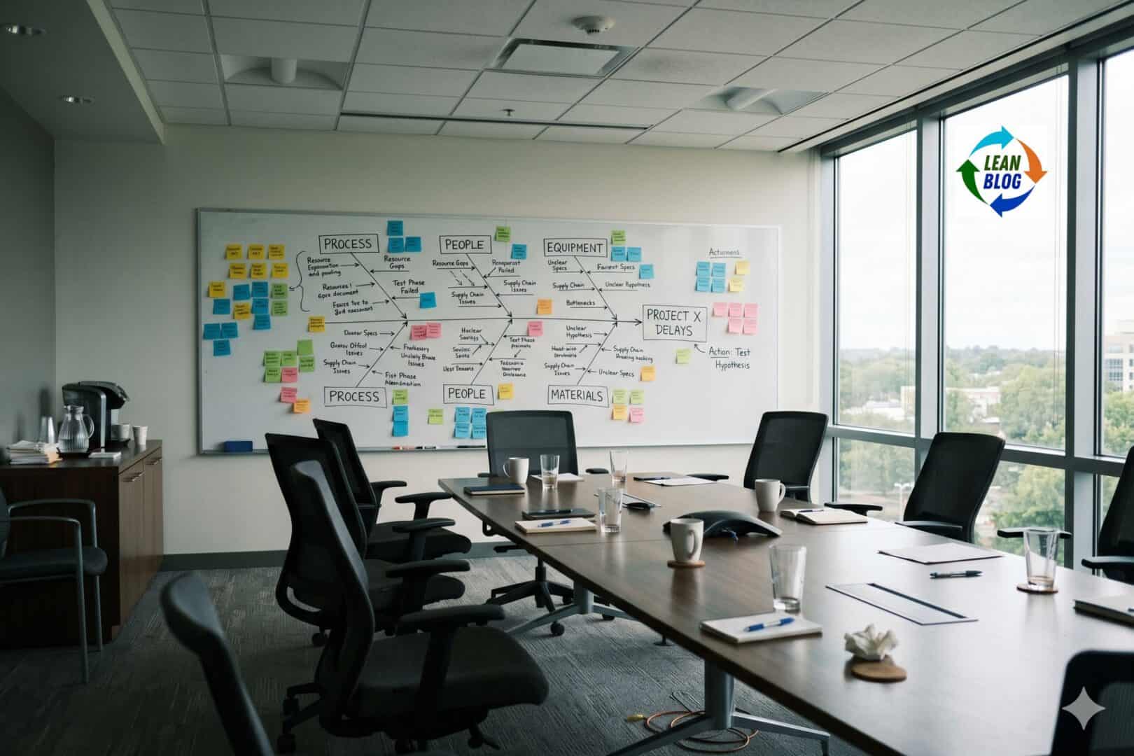 Empty conference room with whiteboard covered in a fishbone diagram and sticky notes, chairs pushed back after a meeting