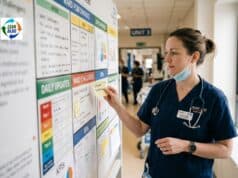 Belief vs. Compliance: Why Lean Still Struggles to Take Root Frontline worker standing near a visual management board, holding a sticky note and pausing with a hesitant expression before posting it, illustrating the quiet friction between speaking up and staying silent in a Lean workplace
