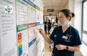 Belief vs. Compliance: Why Lean Still Struggles to Take Root Frontline worker standing near a visual management board, holding a sticky note and pausing with a hesitant expression before posting it, illustrating the quiet friction between speaking up and staying silent in a Lean workplace