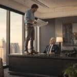 Engineer in business casual standing on top of a CEO's desk holding a blueprint, looking down at a seated executive in a dark suit who looks up at him from his leather chair in a high-rise corner office